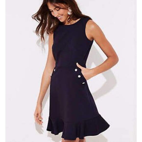 Ann Taylor LOFT Navy Flounce Hem Dress - Pearl Pockets - Picture 1 of 10